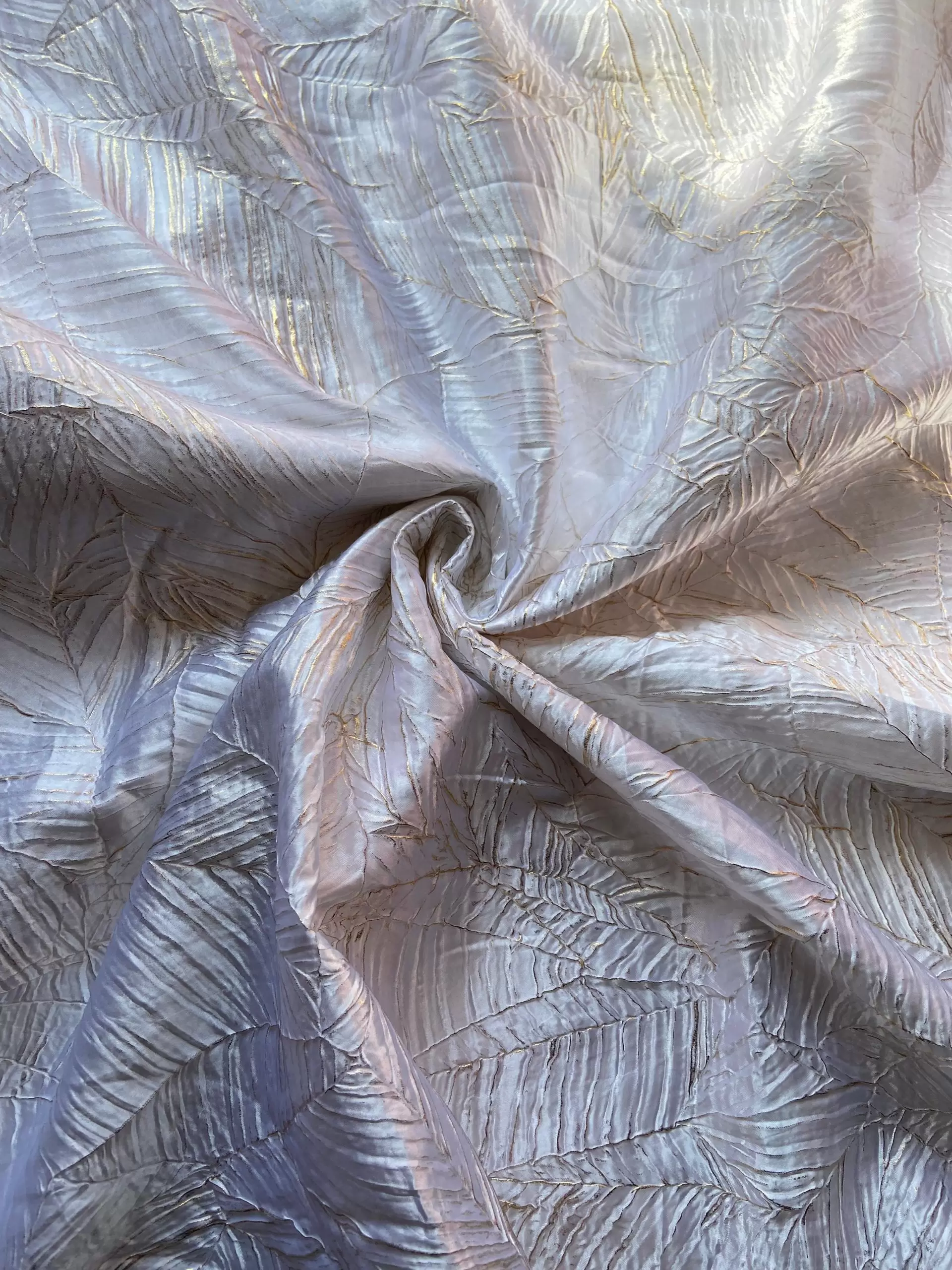 White Crushed pleated fabric in abstract design with Gold foil detailing