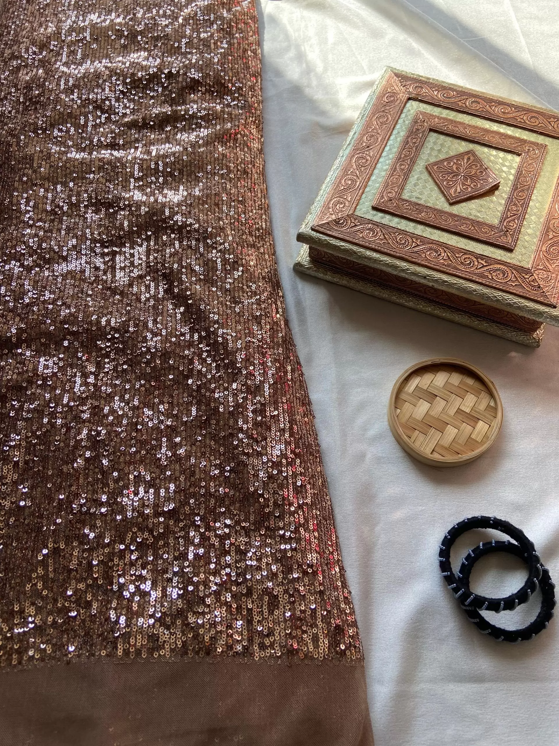 Imported Lycra Thread & Sequin Embroidery on Golden Fabric