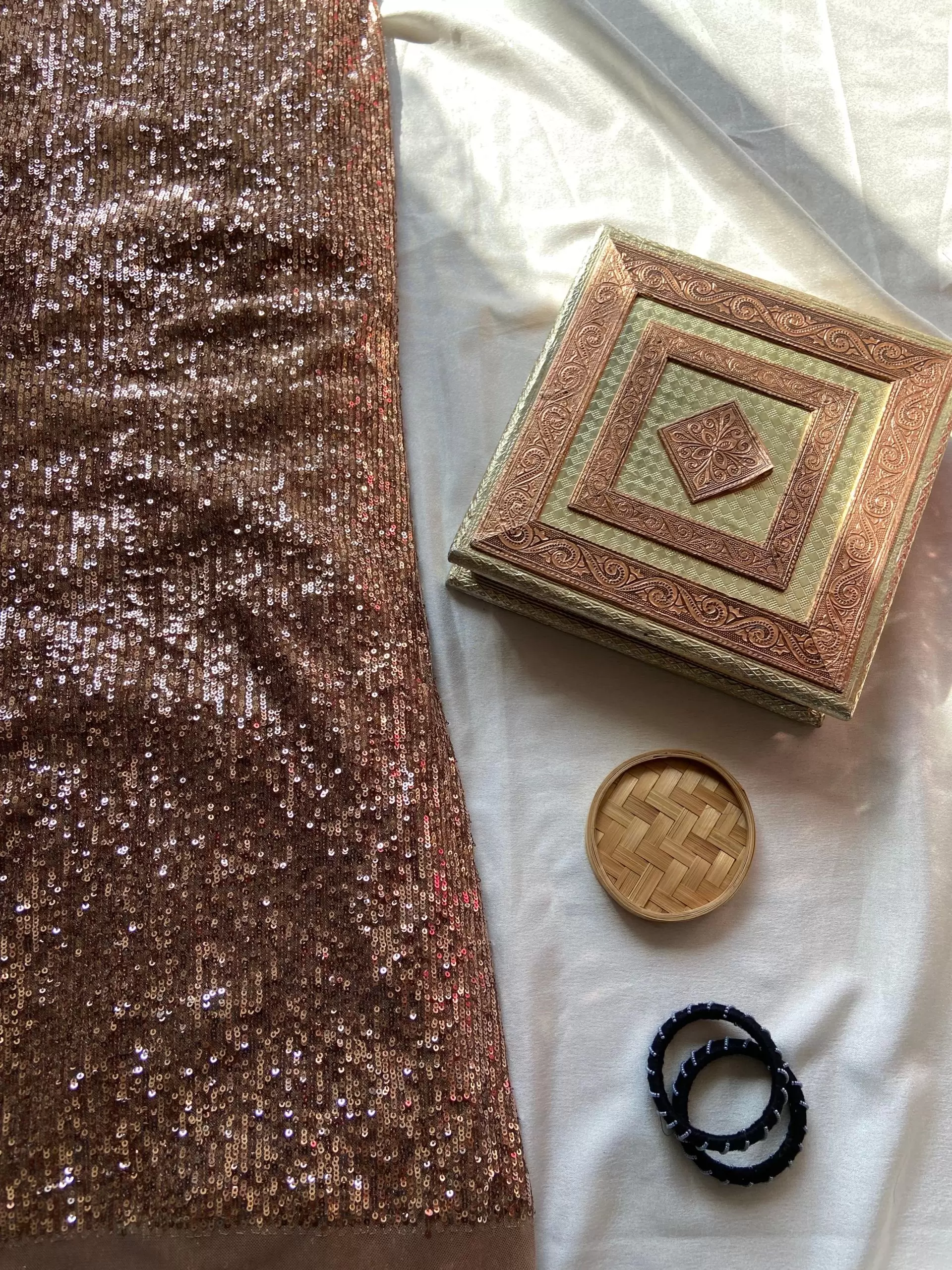 Imported Lycra Thread & Sequin Embroidery on Golden Fabric