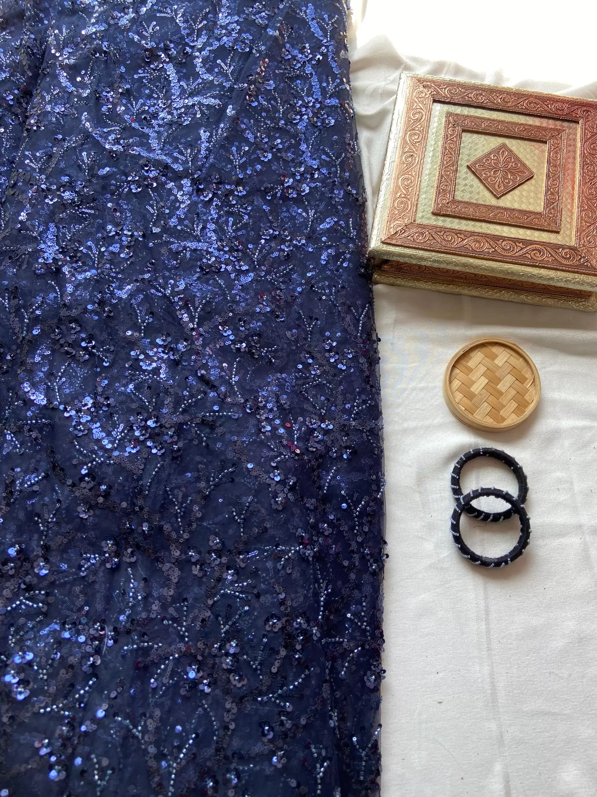 All Over Sequin & Cut Dana Embroidery On Neavy Blue Net Fabric