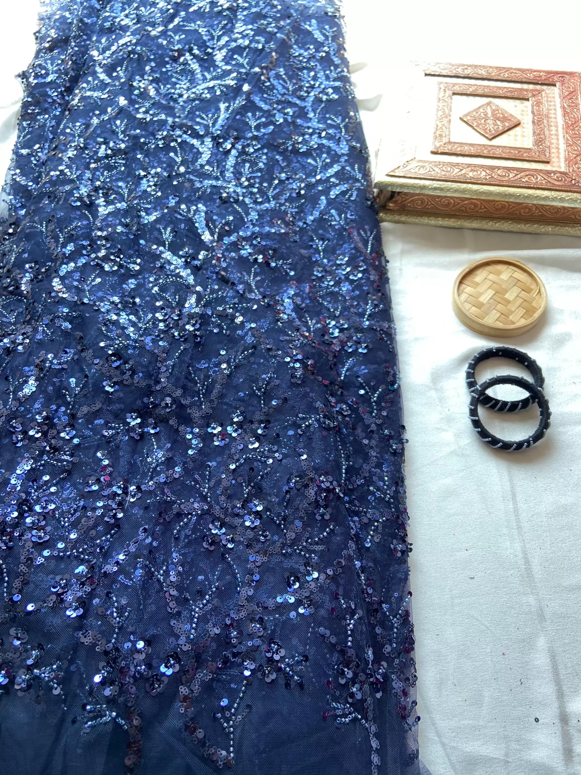 All Over Sequin & Cut Dana Embroidery On Neavy Blue Net Fabric