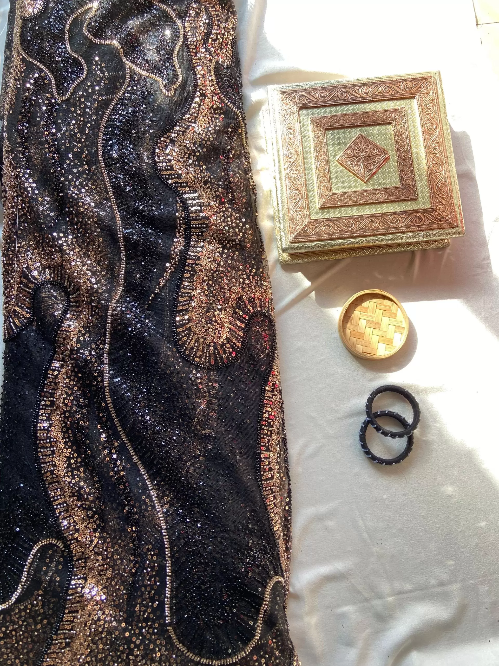 Black Net Big Width Heavy Golden Cut Dana & Sequin Embroidery Fabric