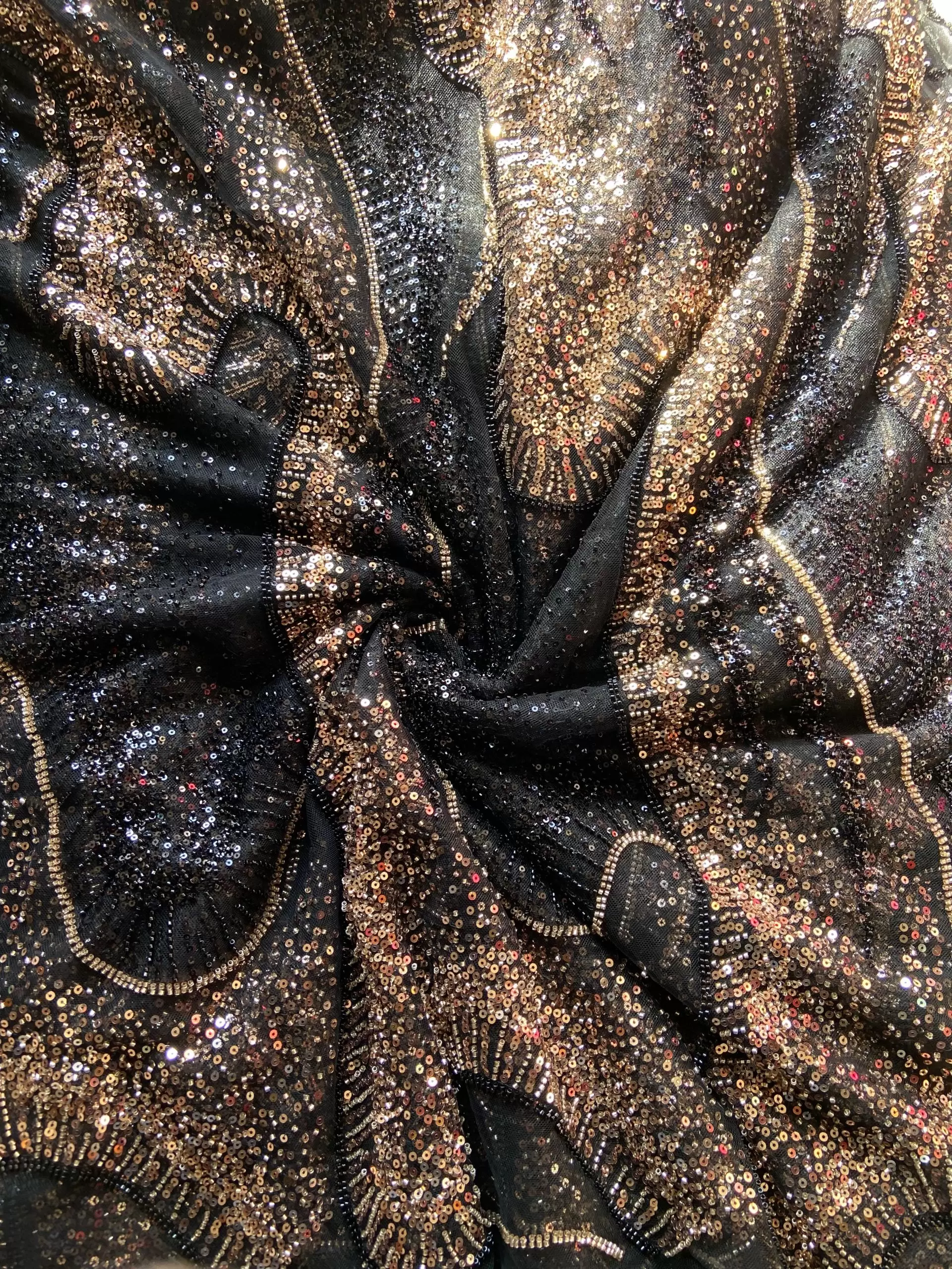 Black Net Big Width Heavy Golden Cut Dana & Sequin Embroidery Fabric