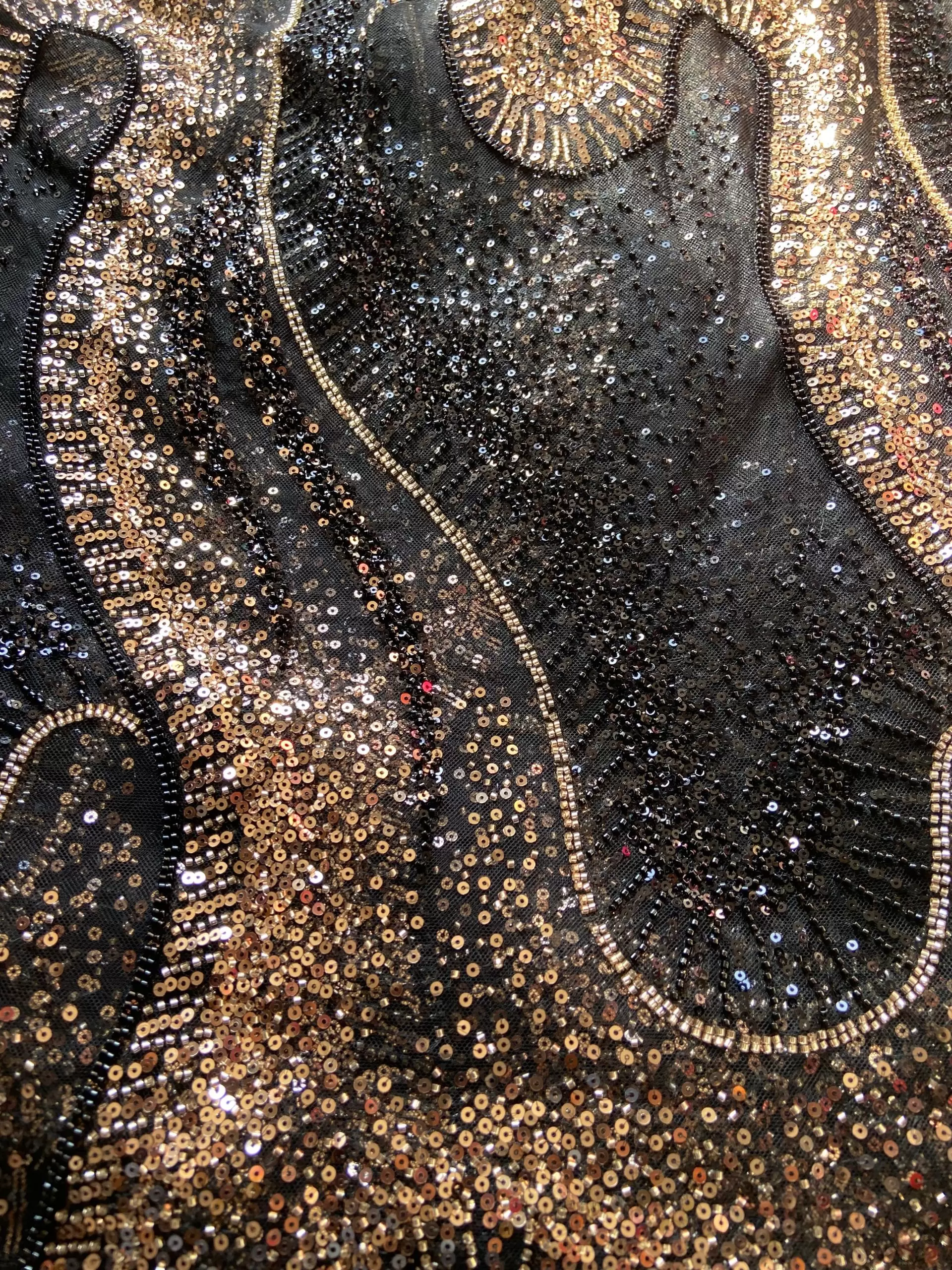 Black Net Big Width Heavy Golden Cut Dana & Sequin Embroidery Fabric