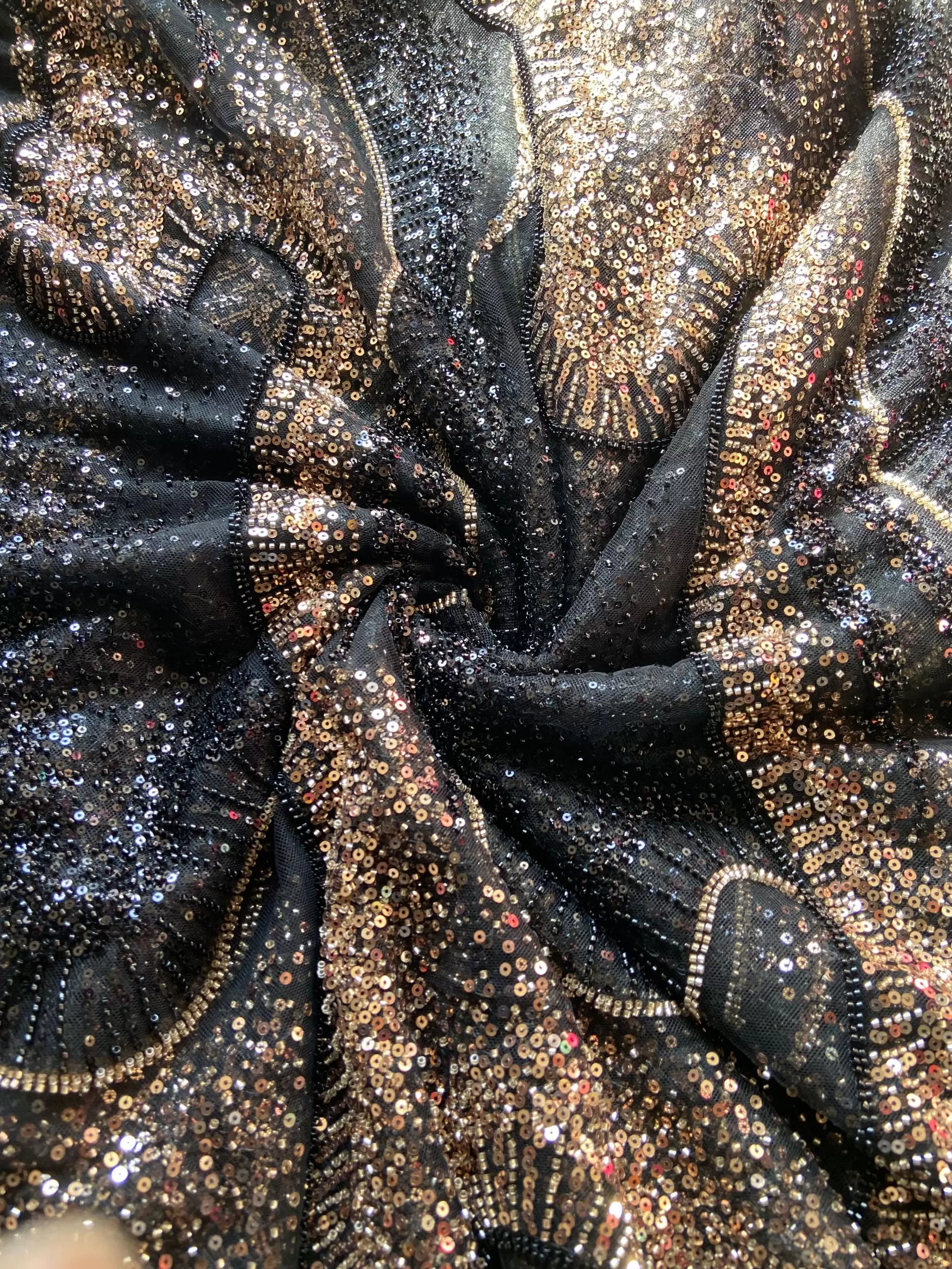 Black Net Big Width Heavy Golden Cut Dana & Sequin Embroidery Fabric