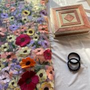 Multicolour Flower Applique On White Big Width Net Fabric