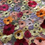 Multicolour Flower Applique On White Big Width Net Fabric