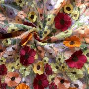 Multicolour Flower Applique On White Big Width Net Fabric