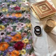 Multicolour Thread Embroidery Flower Applique On White Big Width Net Fabric