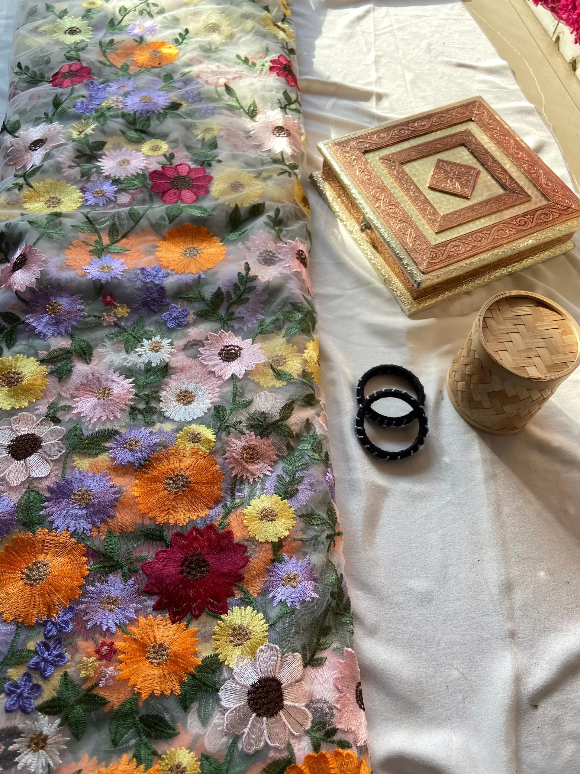 Multicolour Thread Embroidery Flower Applique On White Big Width Net Fabric