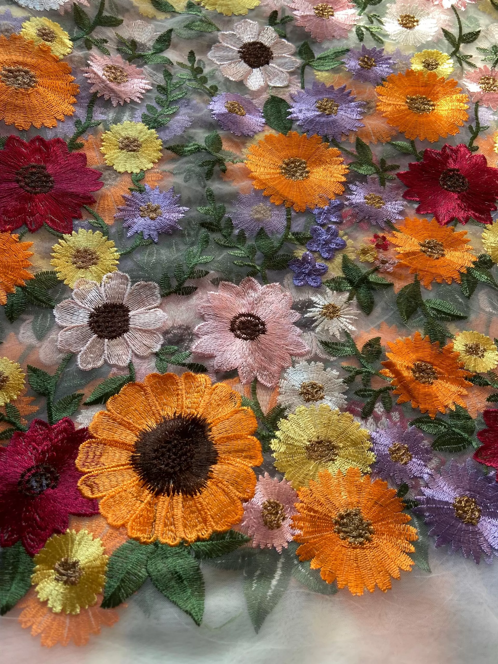 Multicolour Thread Embroidery Flower Applique On White Big Width Net Fabric