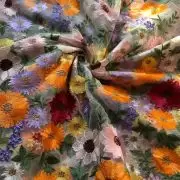 Multicolour Thread Embroidery Flower Applique On White Big Width Net Fabric