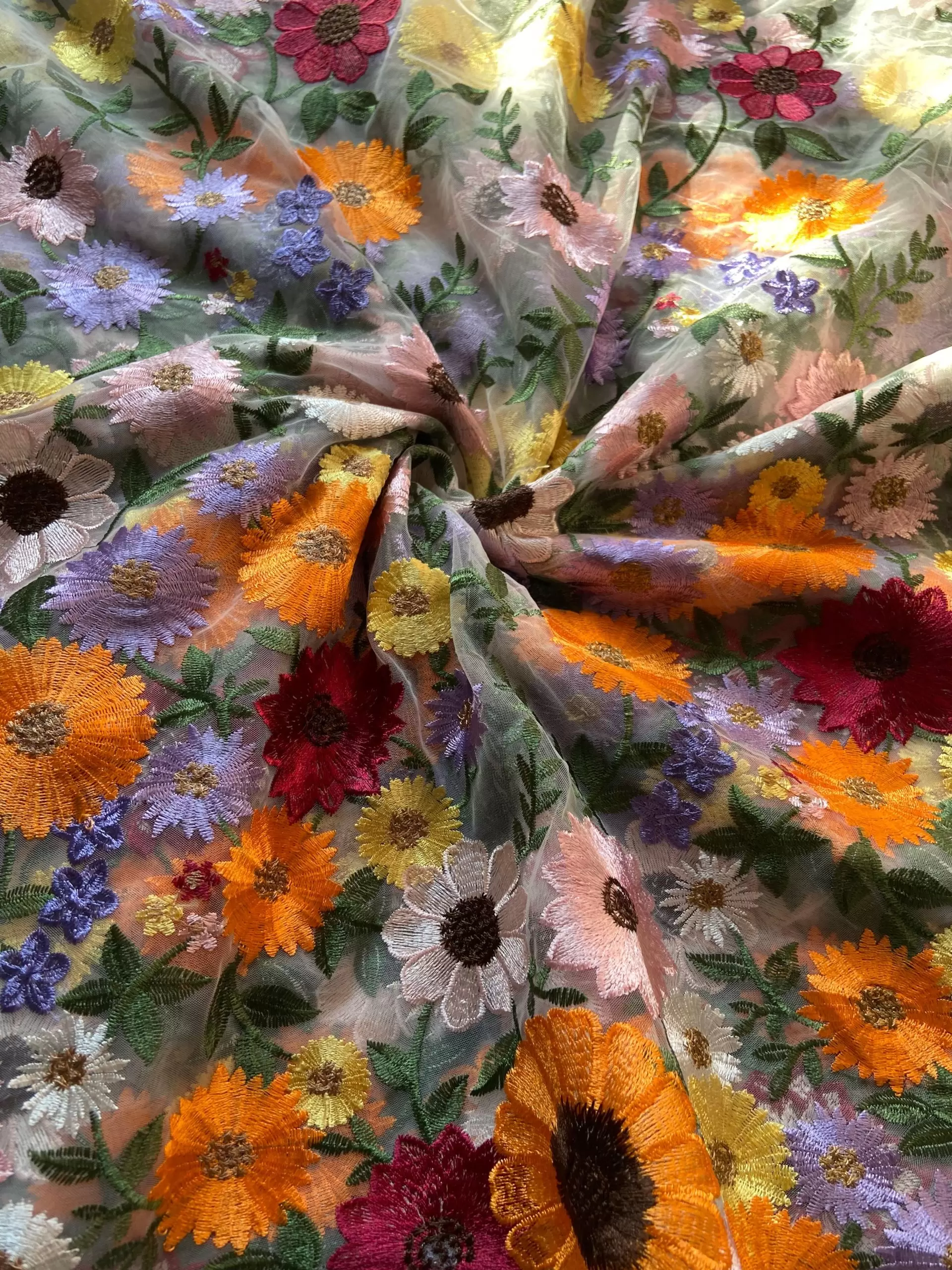 Multicolour Thread Embroidery Flower Applique On White Big Width Net Fabric