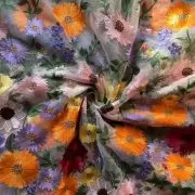 Multicolour Thread Embroidery Flower Applique On White Big Width Net Fabric