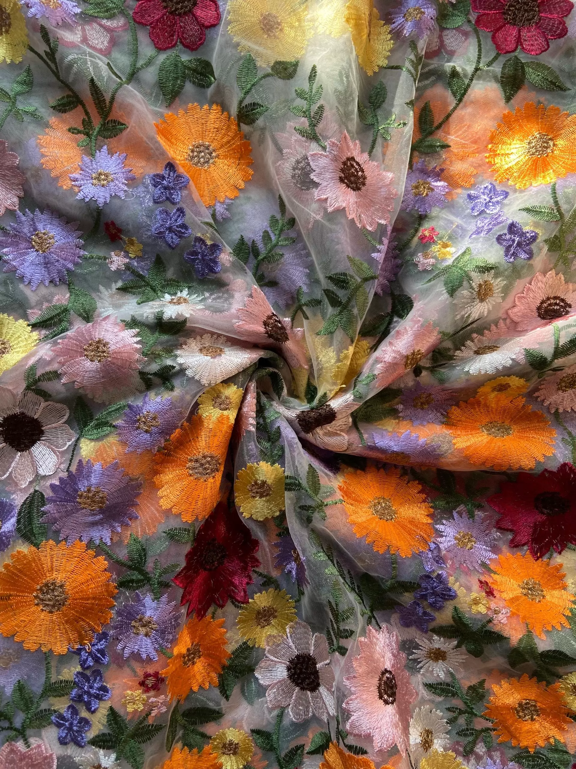 Multicolour Thread Embroidery Flower Applique On White Big Width Net Fabric