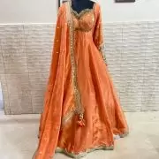 Orange Cosmos Tissue Silk Anarkali With Heavy Dupatta