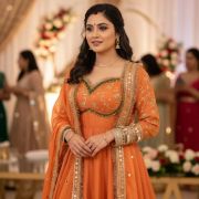 Orange Cosmos Tissue Silk Anarkali With Heavy Dupatta