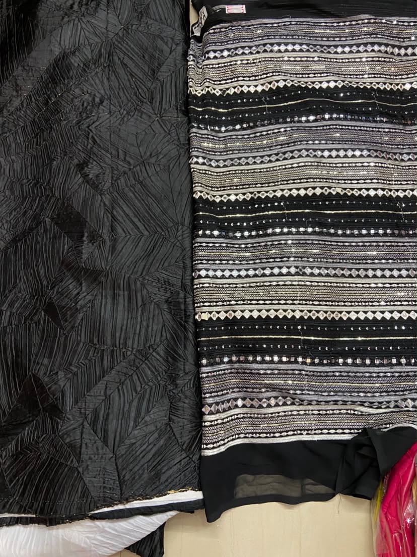 Black Crushed pleated fabric in abstract design in Big Width