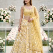 Lemon yellow lehenga style with heavy thread and sequin embroidery net fabric