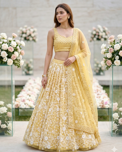 Lemon yellow lehenga style with heavy thread and sequin embroidery net fabric