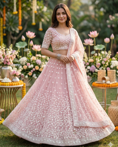 Baby pink lehenga style with heavy thread and sequin embroidery net fabric