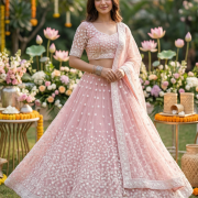 Baby pink lehenga style with heavy thread and sequin embroidery net fabric