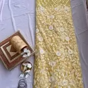 Lemon yellow lehenga style with heavy thread and sequin embroidery net fabric