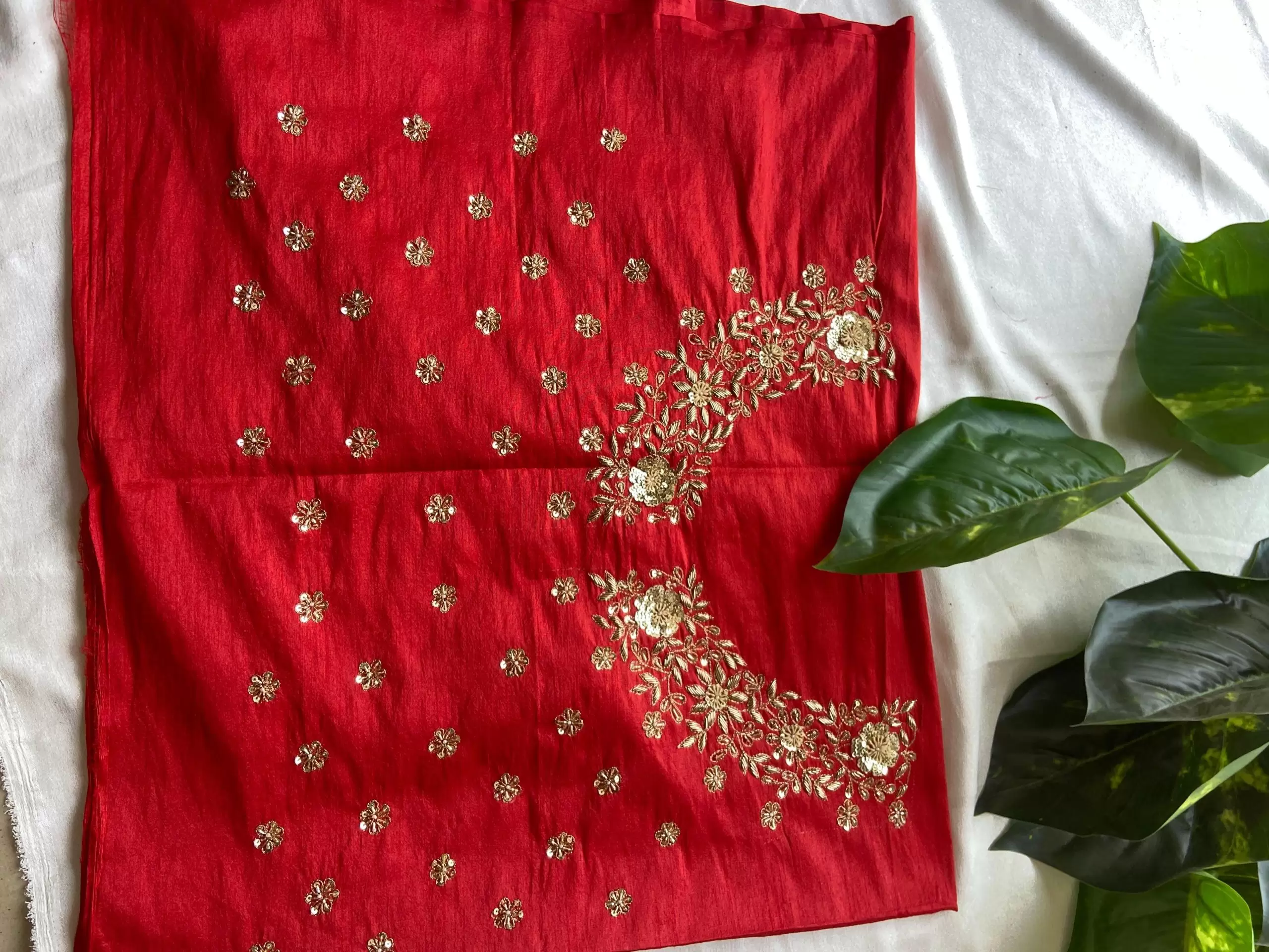 Red Heavy Hand Embroidery with Buti Work on Silk – Unstitched Blouse Piece