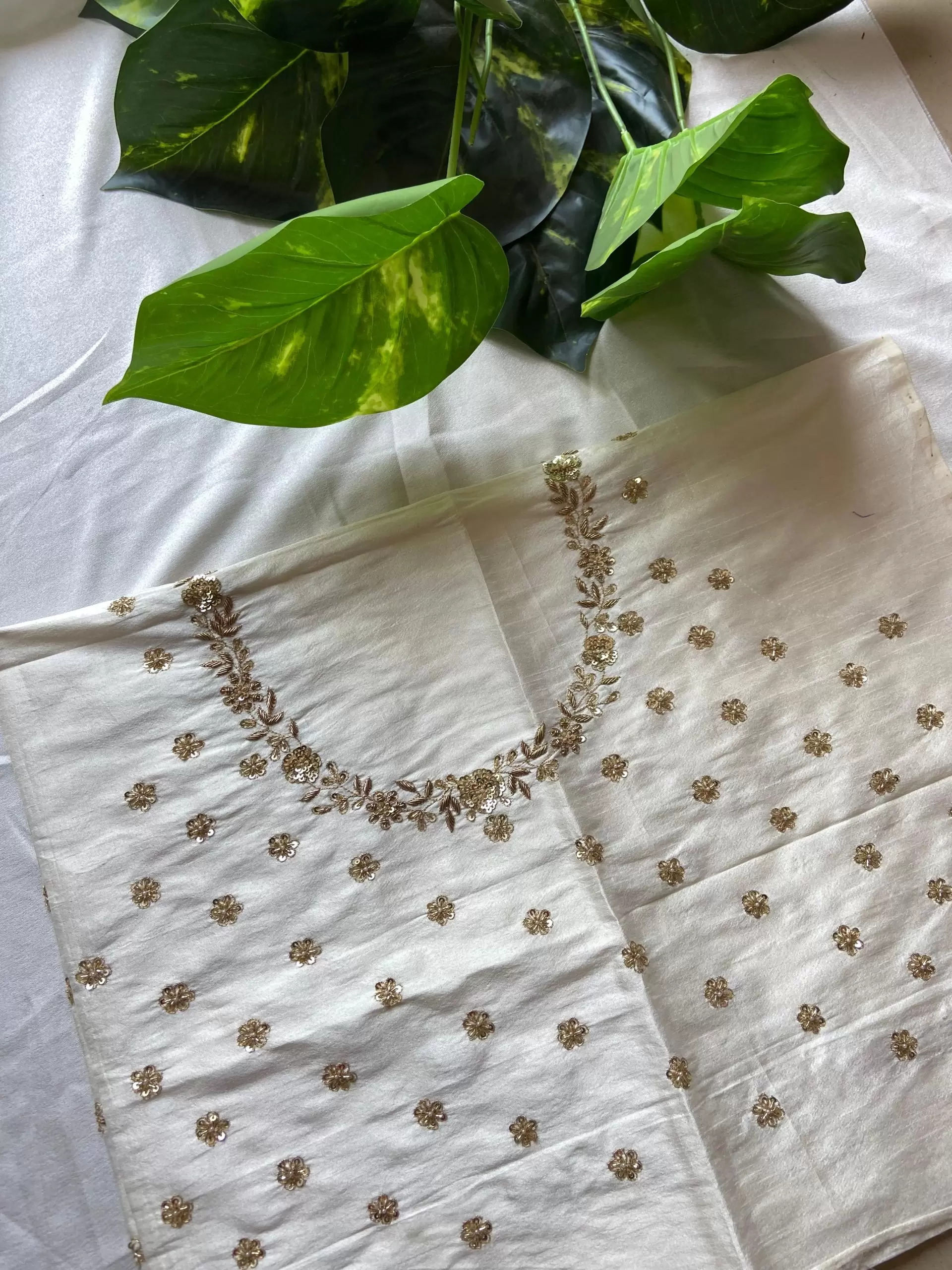 White Heavy Hand Embroidery with Buti Work on Silk – Unstitched Blouse Piece