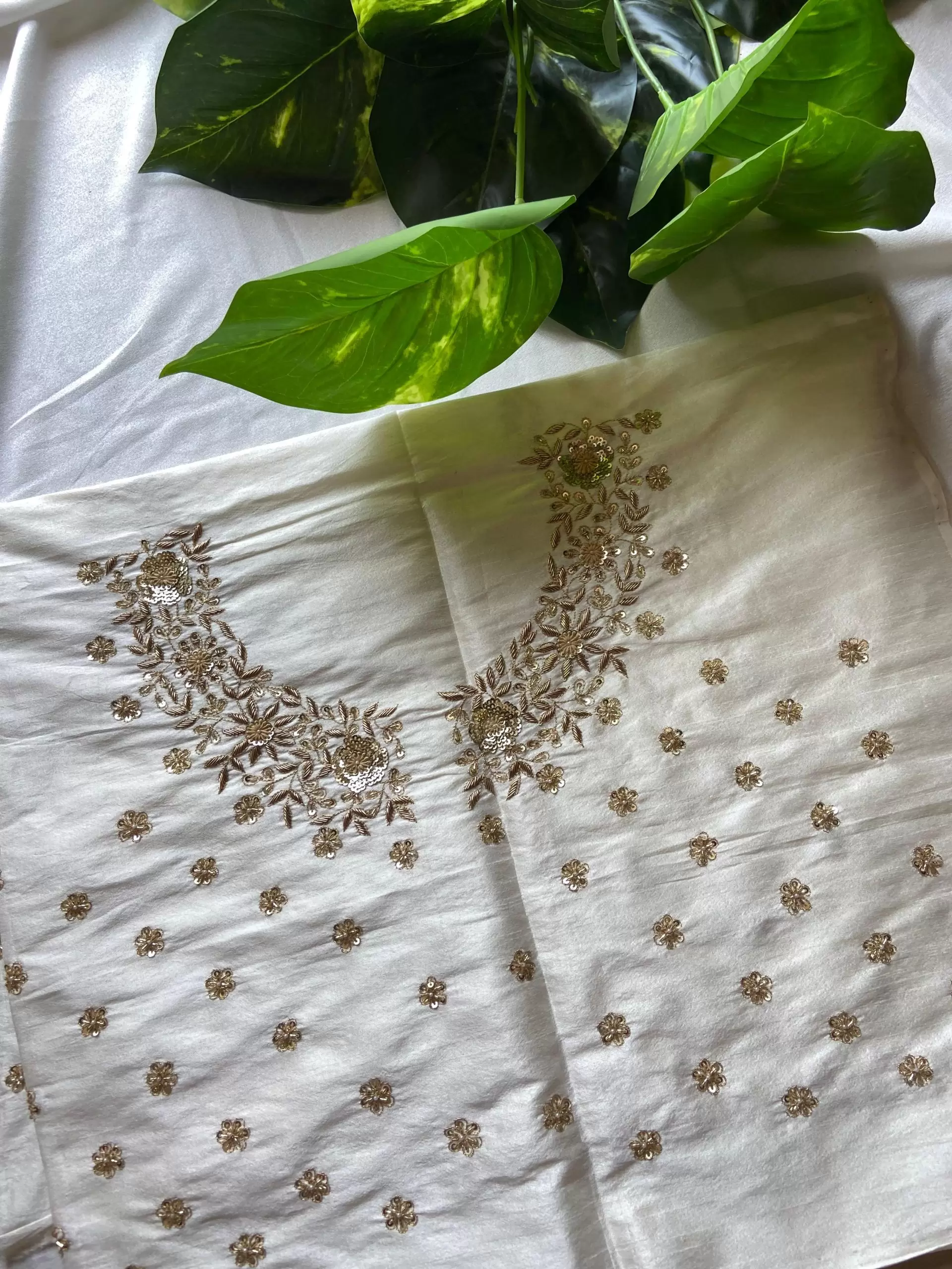 White Heavy Hand Embroidery with Buti Work on Silk – Unstitched Blouse Piece