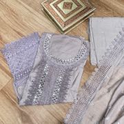 Gray pure cotton unstitched suit set with Lace detailing , Mirror work and Chiffon dupatta