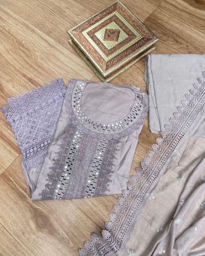 Gray pure cotton unstitched suit set with Lace detailing , Mirror work and Chiffon dupatta