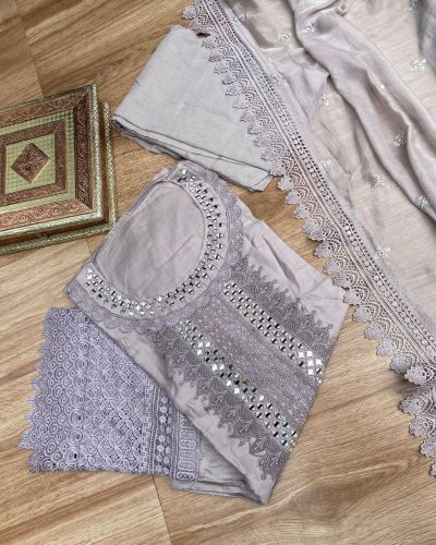 Gray pure cotton unstitched suit set with Lace detailing , Mirror work and Chiffon dupatta