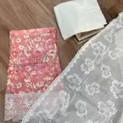 Pink floral printed pure cotton unstitched suit set with Lace detailing and dupatta