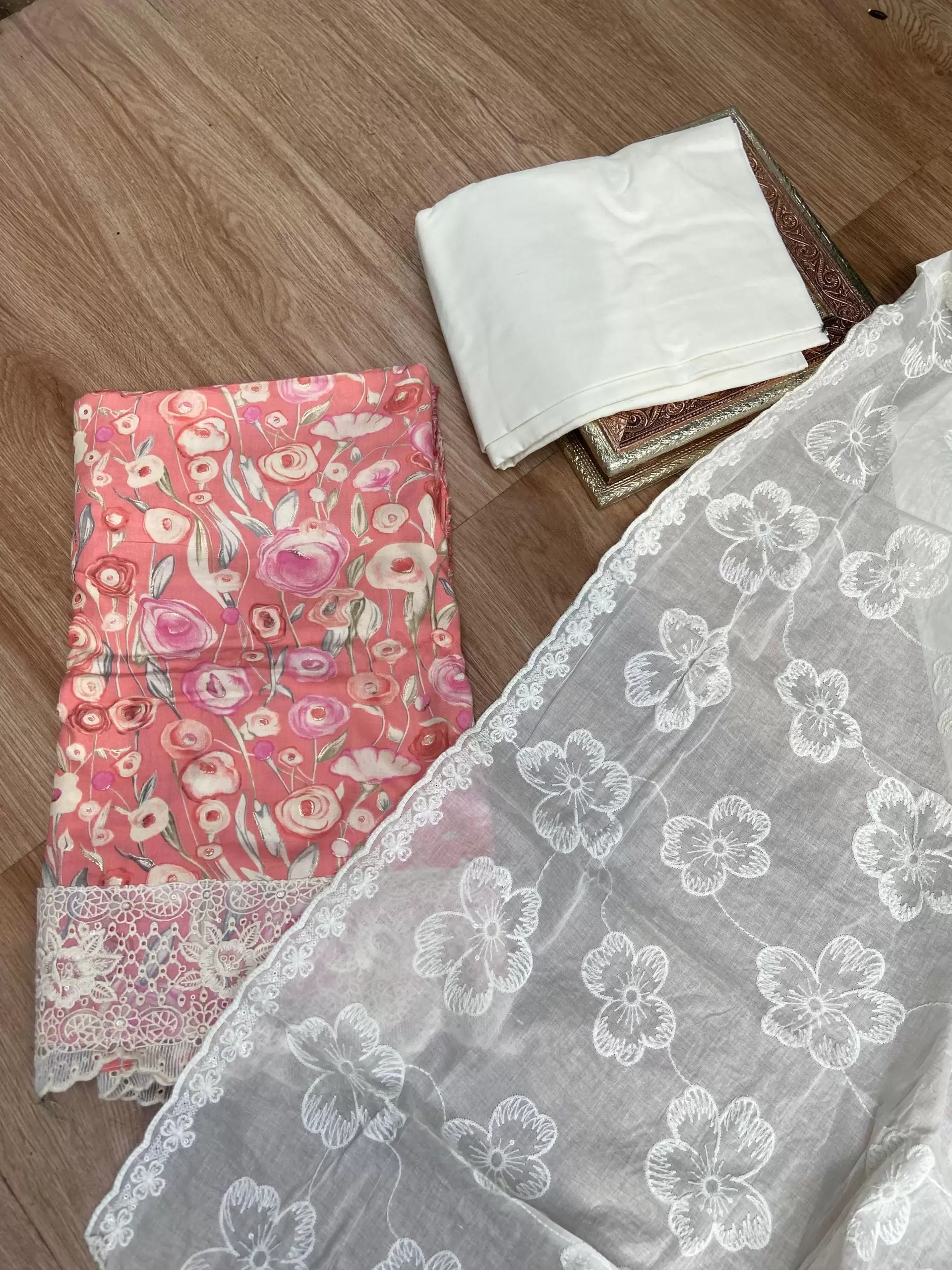 Pink floral printed pure cotton unstitched suit set with Lace detailing and dupatta