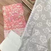 Pink floral printed pure cotton unstitched suit set with Lace detailing and dupatta