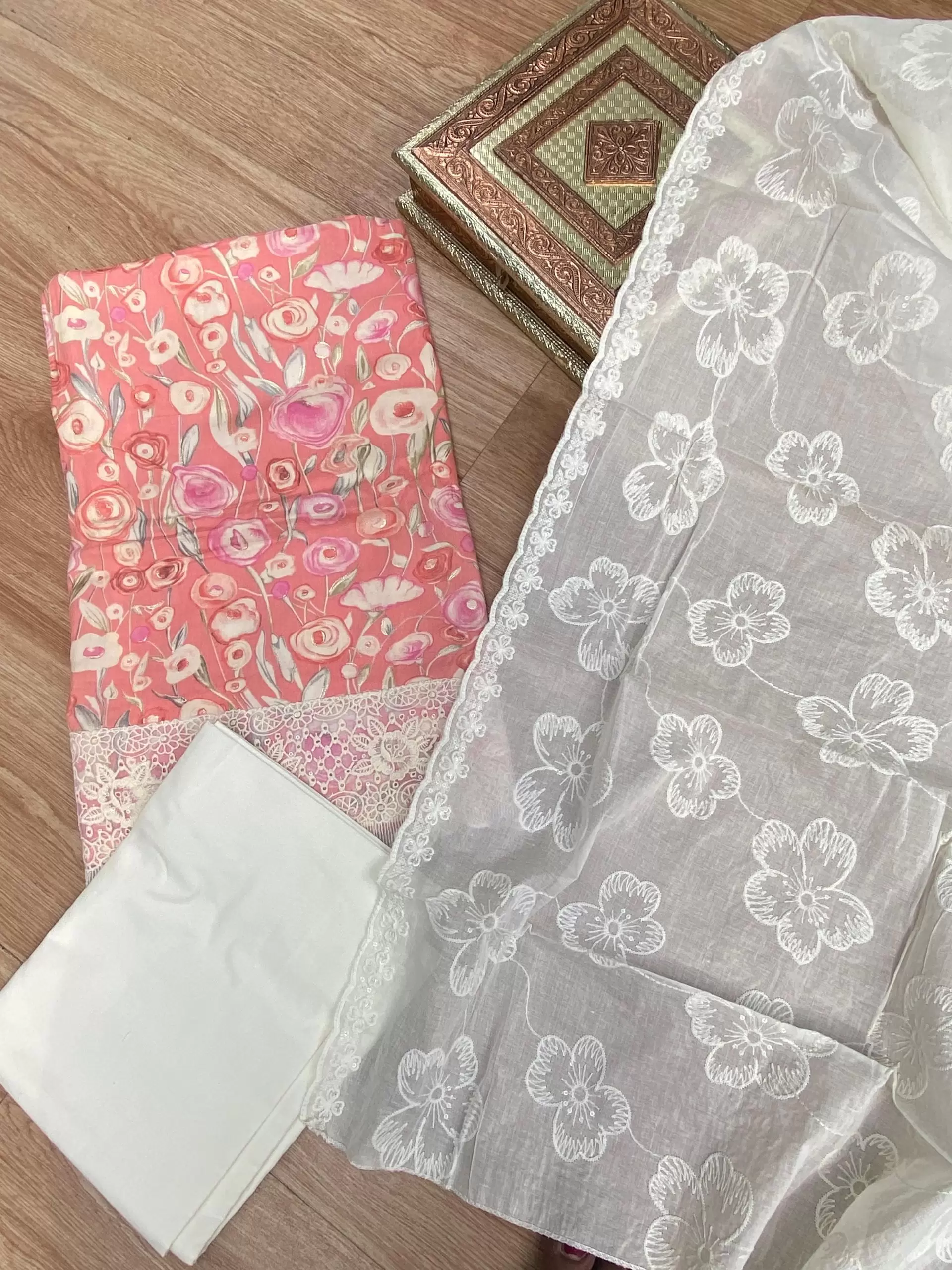 Pink floral printed pure cotton unstitched suit set with Lace detailing and dupatta