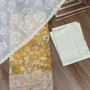 Yellow floral printed pure cotton unstitched suit set with Lace detailing and dupatta