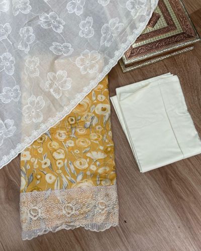 Yellow floral printed pure cotton unstitched suit set with Lace detailing and dupatta