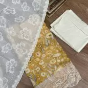 Yellow floral printed pure cotton unstitched suit set with Lace detailing and dupatta