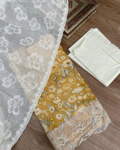 Yellow floral printed pure cotton unstitched suit set with Lace detailing and dupatta