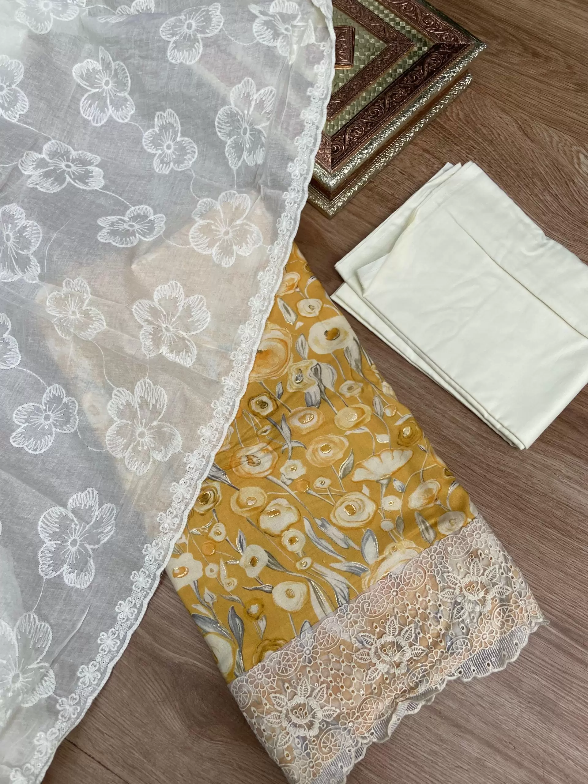 Yellow floral printed pure cotton unstitched suit set with Lace detailing and dupatta