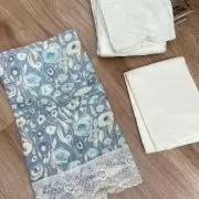 Blue floral printed pure cotton unstitched suit set with Lace detailing and dupatta