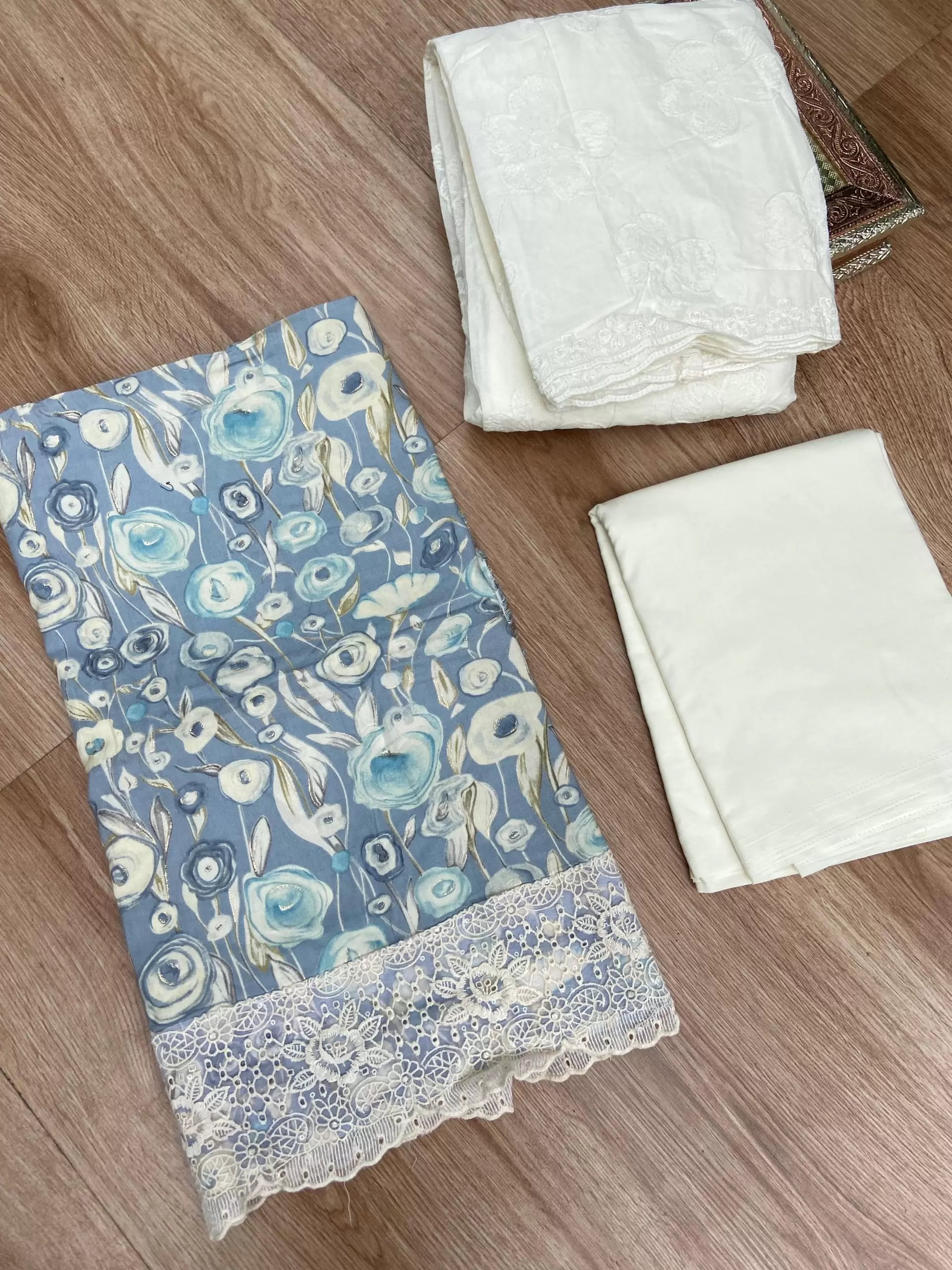 Blue floral printed pure cotton unstitched suit set with Lace detailing and dupatta