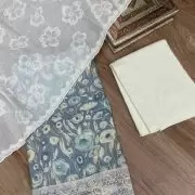 Blue floral printed pure cotton unstitched suit set with Lace detailing and dupatta