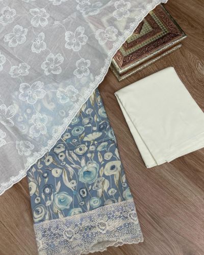 Blue floral printed pure cotton unstitched suit set with Lace detailing and dupatta