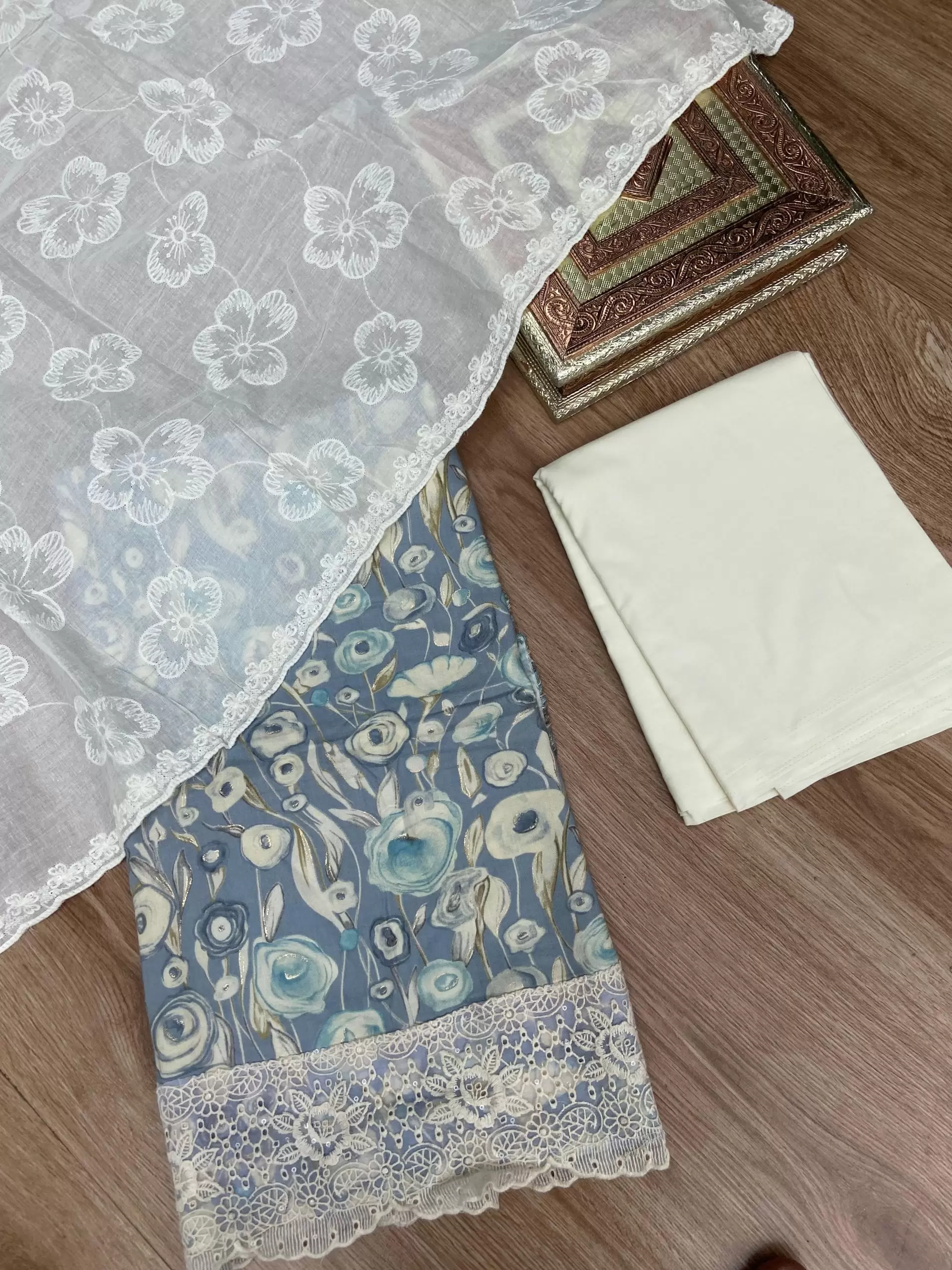 Blue floral printed pure cotton unstitched suit set with Lace detailing and dupatta
