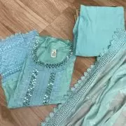 Blue pure cotton unstitched suit set with Lace detailing , Mirror work and Chiffon dupatta