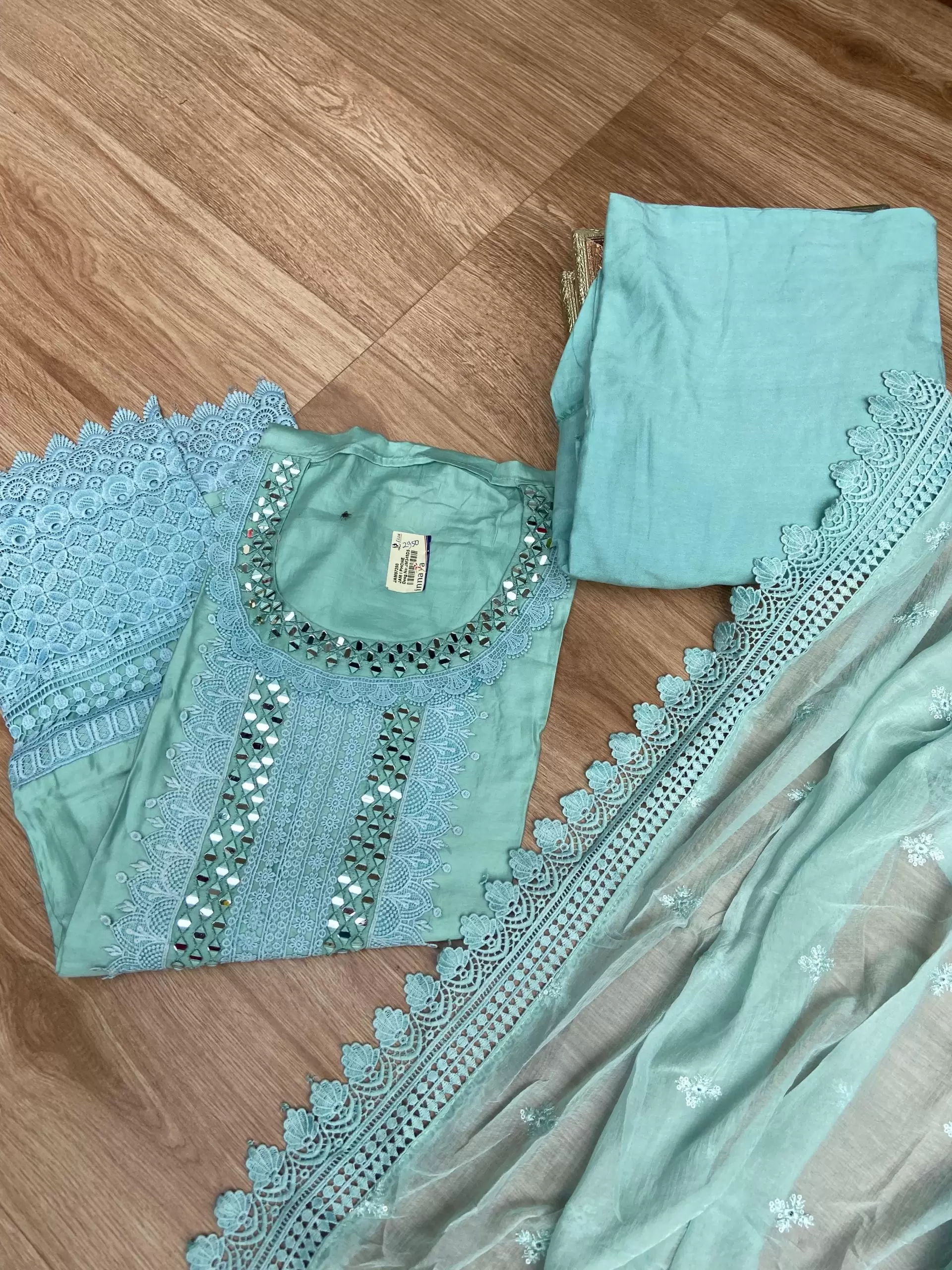 Blue pure cotton unstitched suit set with Lace detailing , Mirror work and Chiffon dupatta