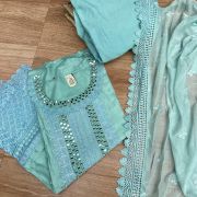 Blue pure cotton unstitched suit set with Lace detailing , Mirror work and Chiffon dupatta